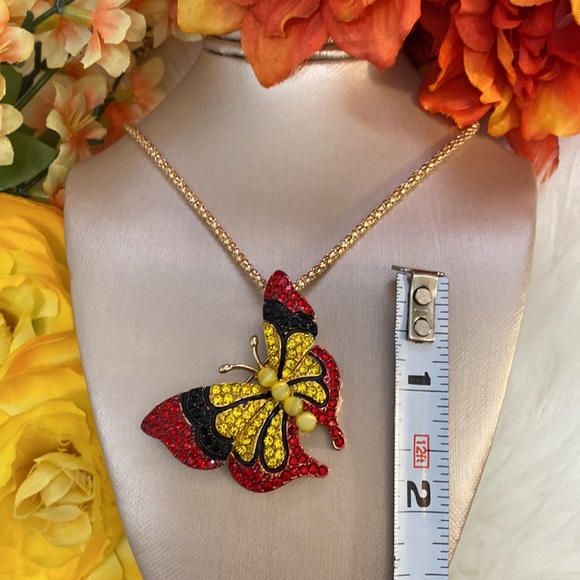 NEW! Red & Yellow Butterfly Crystal Pendant Necklace Betsey Johnson - Picture 2 of 4